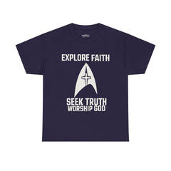 Unisex Heavy Cotton Tee - Star Trek -Explore Faith, Seek Truth, Worship God