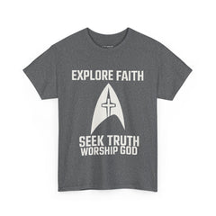 Unisex Heavy Cotton Tee - Star Trek -Explore Faith, Seek Truth, Worship God