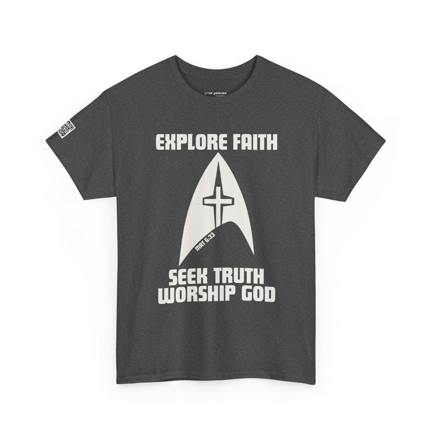 “Explore • Seek • Worship Tee — Cosmic Faith Statement Shirt