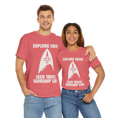 Unisex Heavy Cotton Tee - Explore Faith, Seek Truth, Worship God
