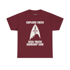 Unisex Heavy Cotton Tee - Explore Faith, Seek Truth, Worship God