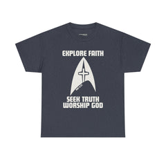 Unisex Heavy Cotton Tee - Explore Faith, Seek Truth, Worship God