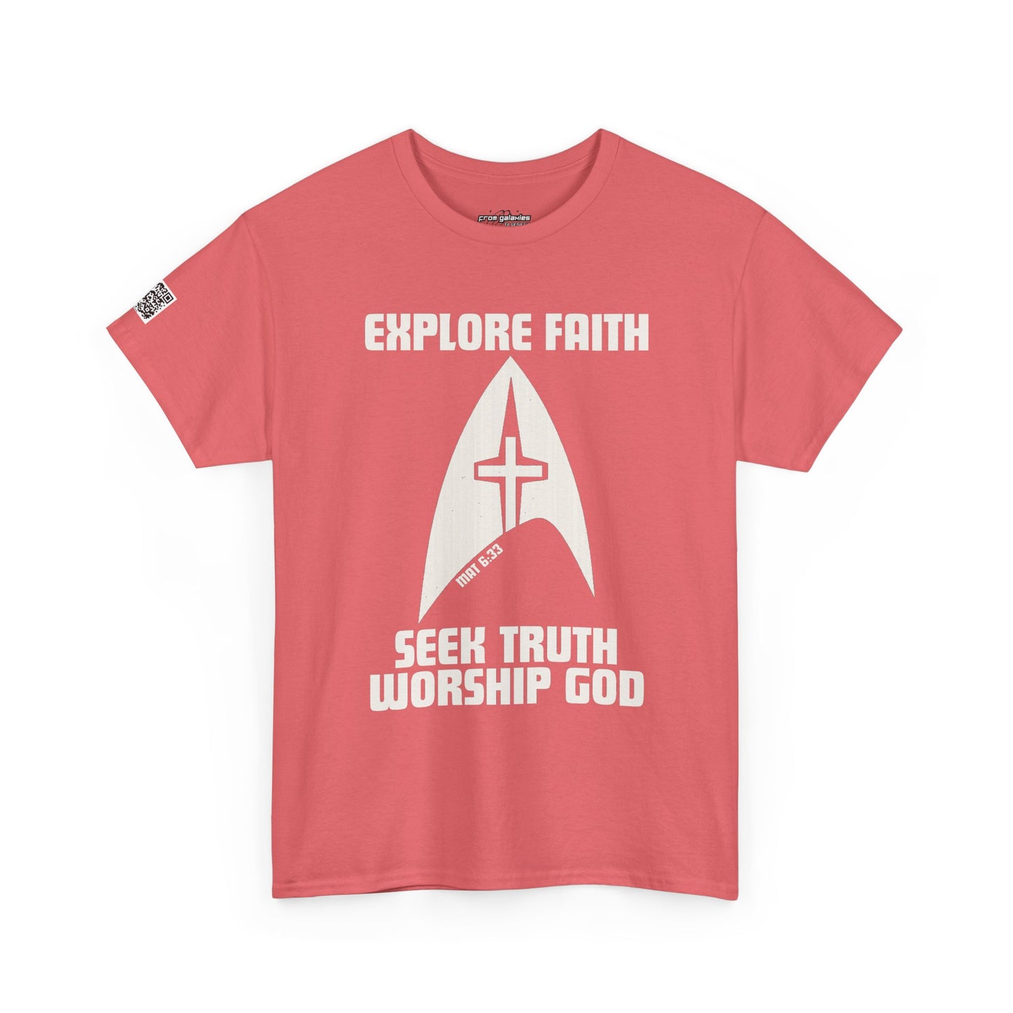 “Explore • Seek • Worship Tee — Cosmic Faith Statement Shirt