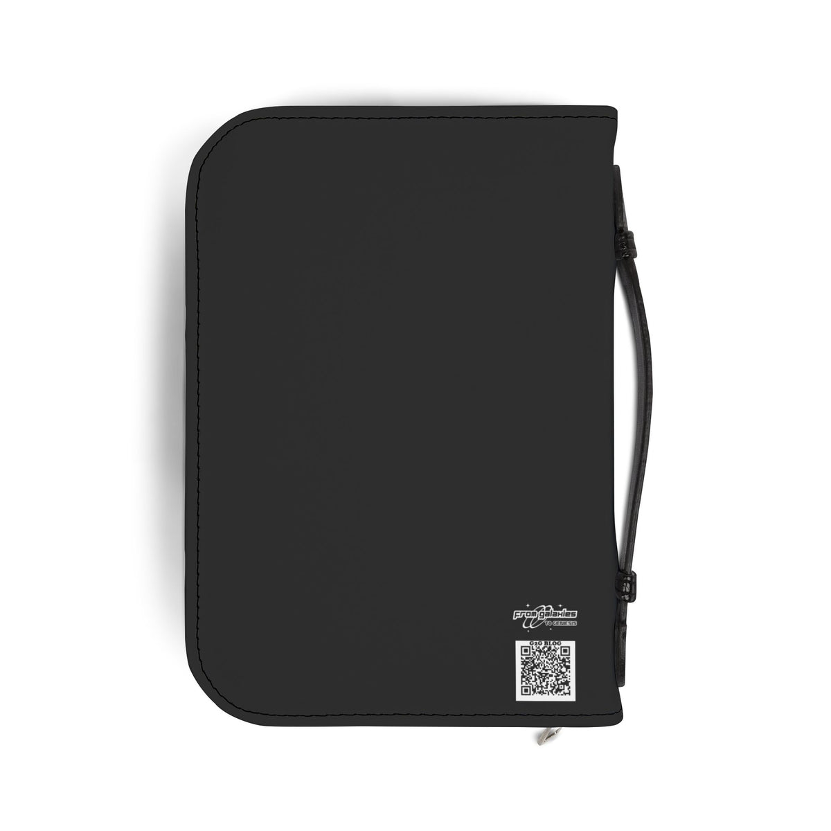 FG2G Black zippered Bible Cover with a QR code.