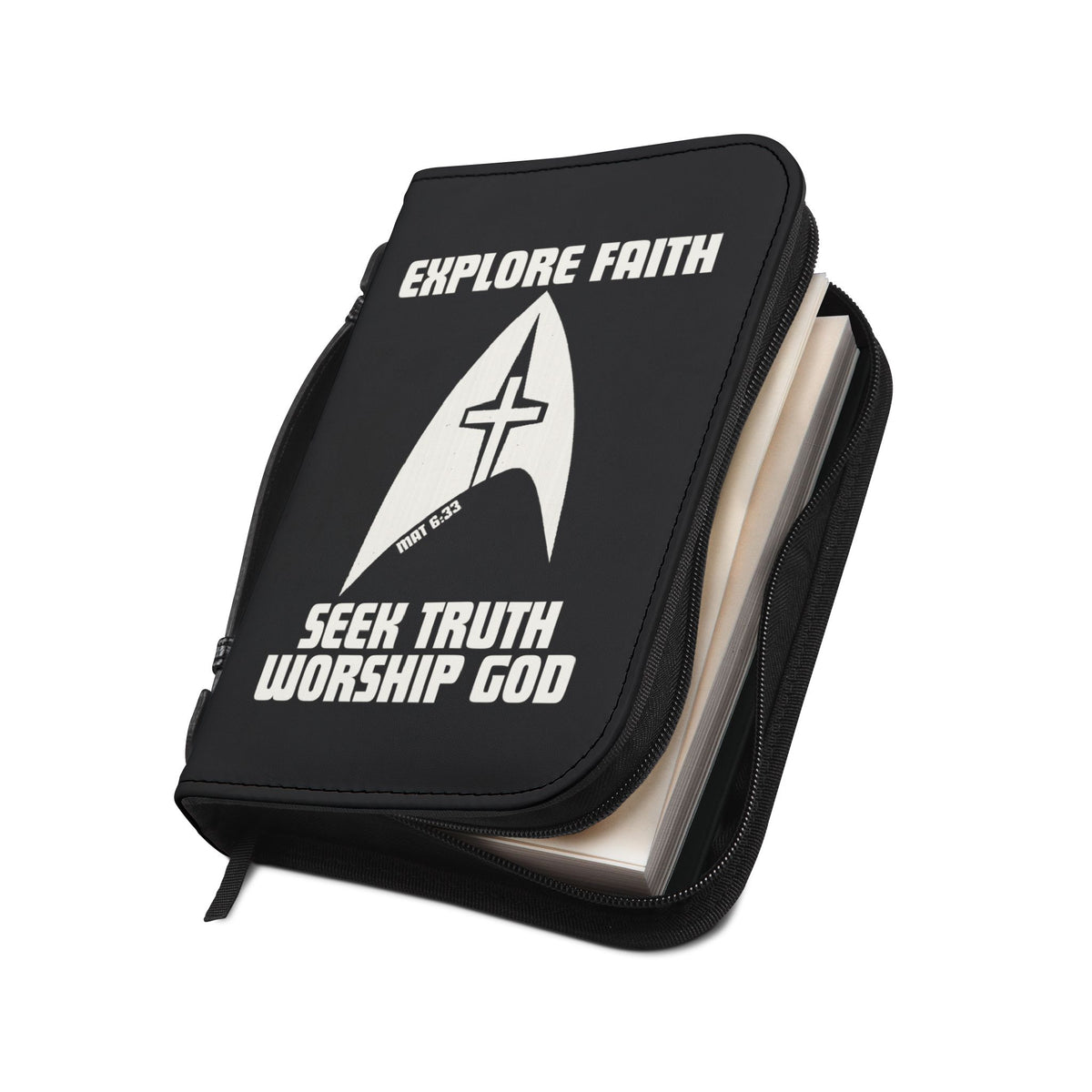 A black zippered Bible book cover with a white Star Trek-style delta insignia and the text 'EXPLORE FAITH' and 'SEEK TRUTH WORSHIP GOD', shown open with books inside on a white background.