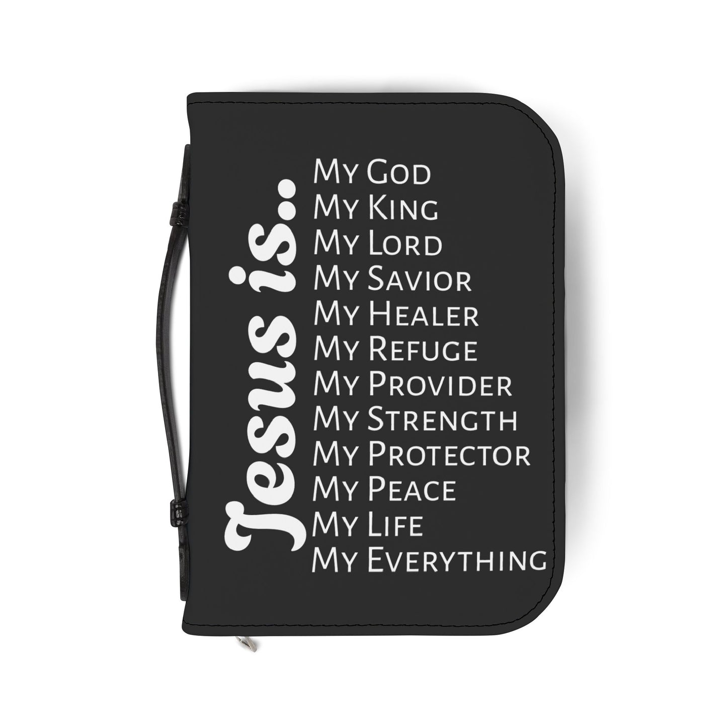 Black Bible Cover with white text listing attributes of 'Jesus' 