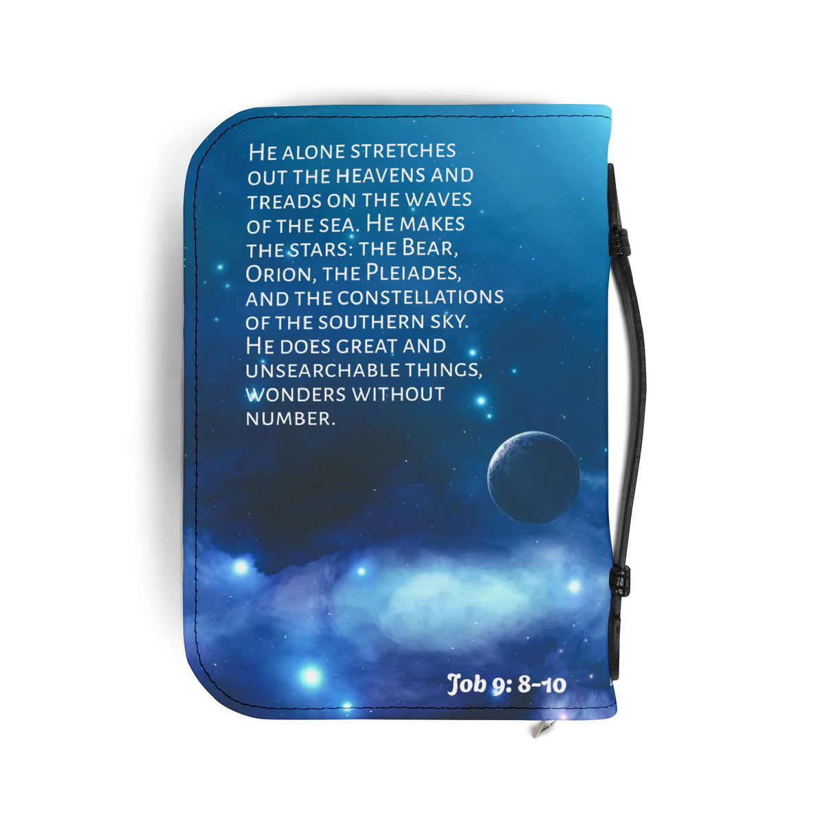 Blue Bible Cover with celestial design and text of Job 9