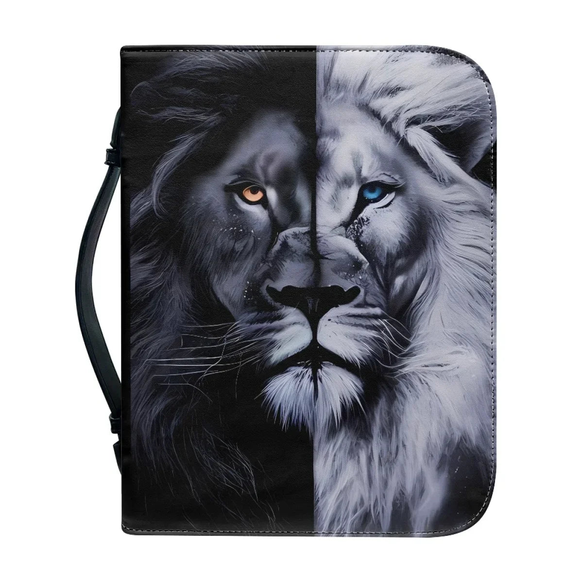 A black Bible cover featuring a realistic lion face design, placed on a wooden surface next to a pen and an open Bible.