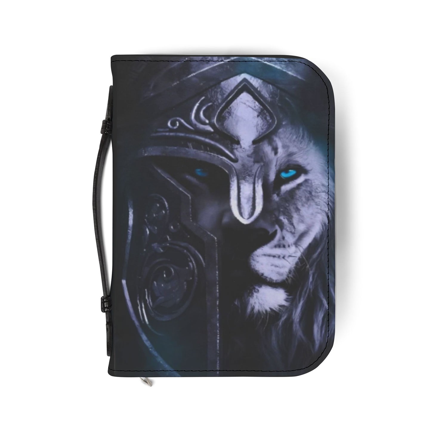 A black Bible cover featuring a realistic warrior lion face design