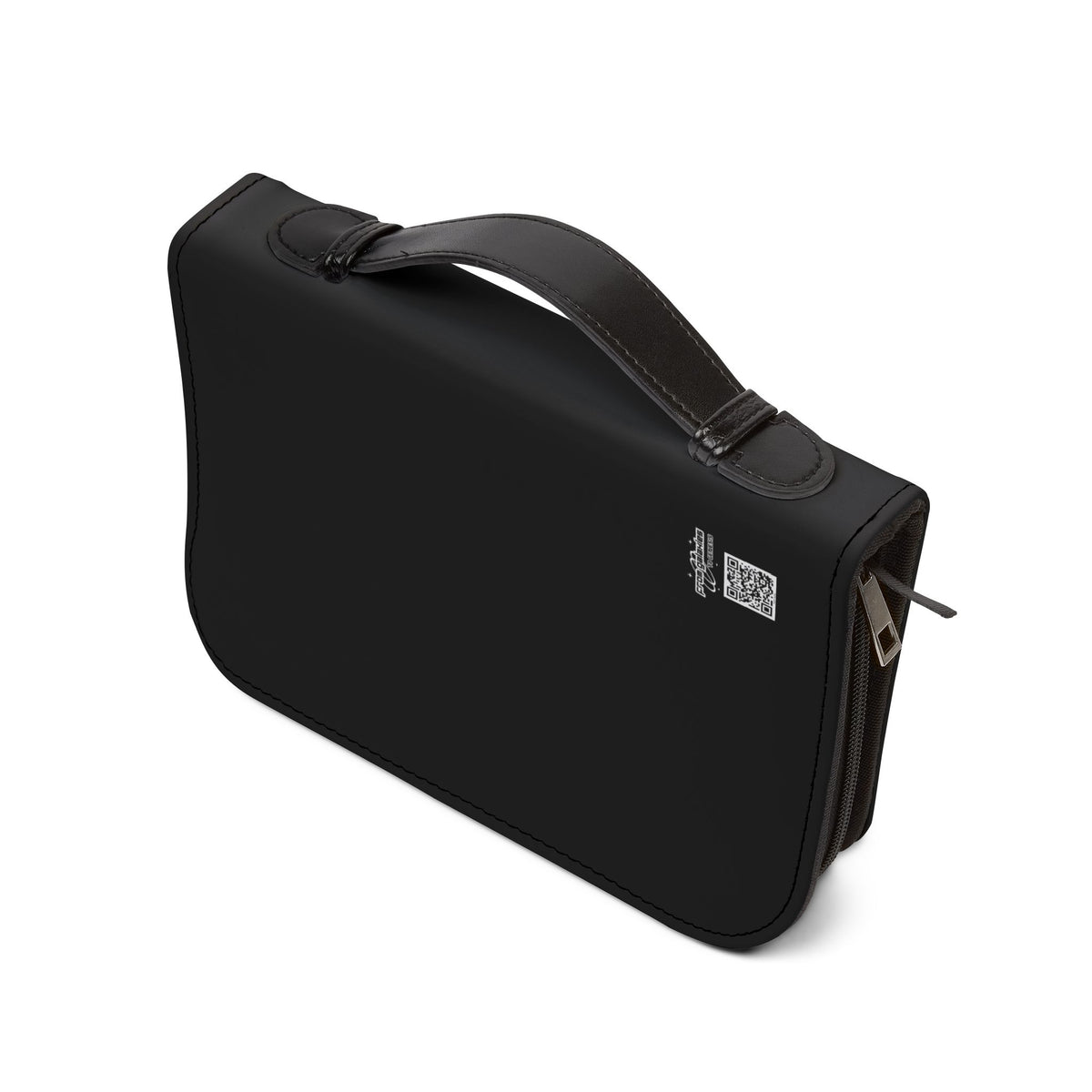 A black leather bible cover with a top handle and a small silver logo plaque, shown from an elevated angle on a white background.