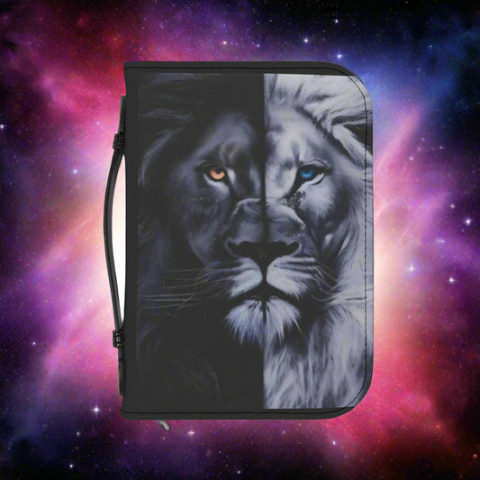 Bible case with lion design on a colorful galaxy background