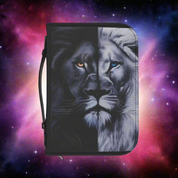 Bible case with lion design on a colorful galaxy background