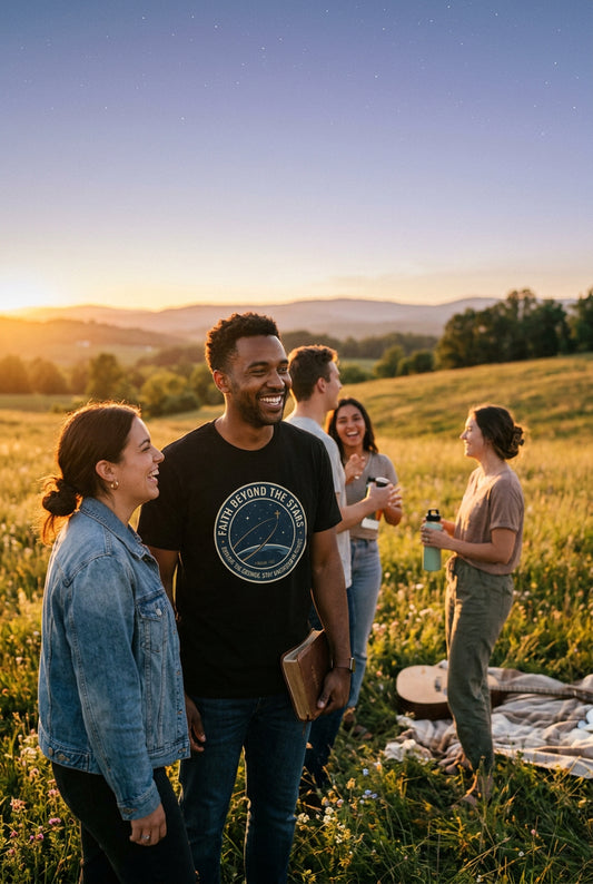 A group of friends in a field, one with the FG2G Faith Beyond the Stars T-Shirt in Black