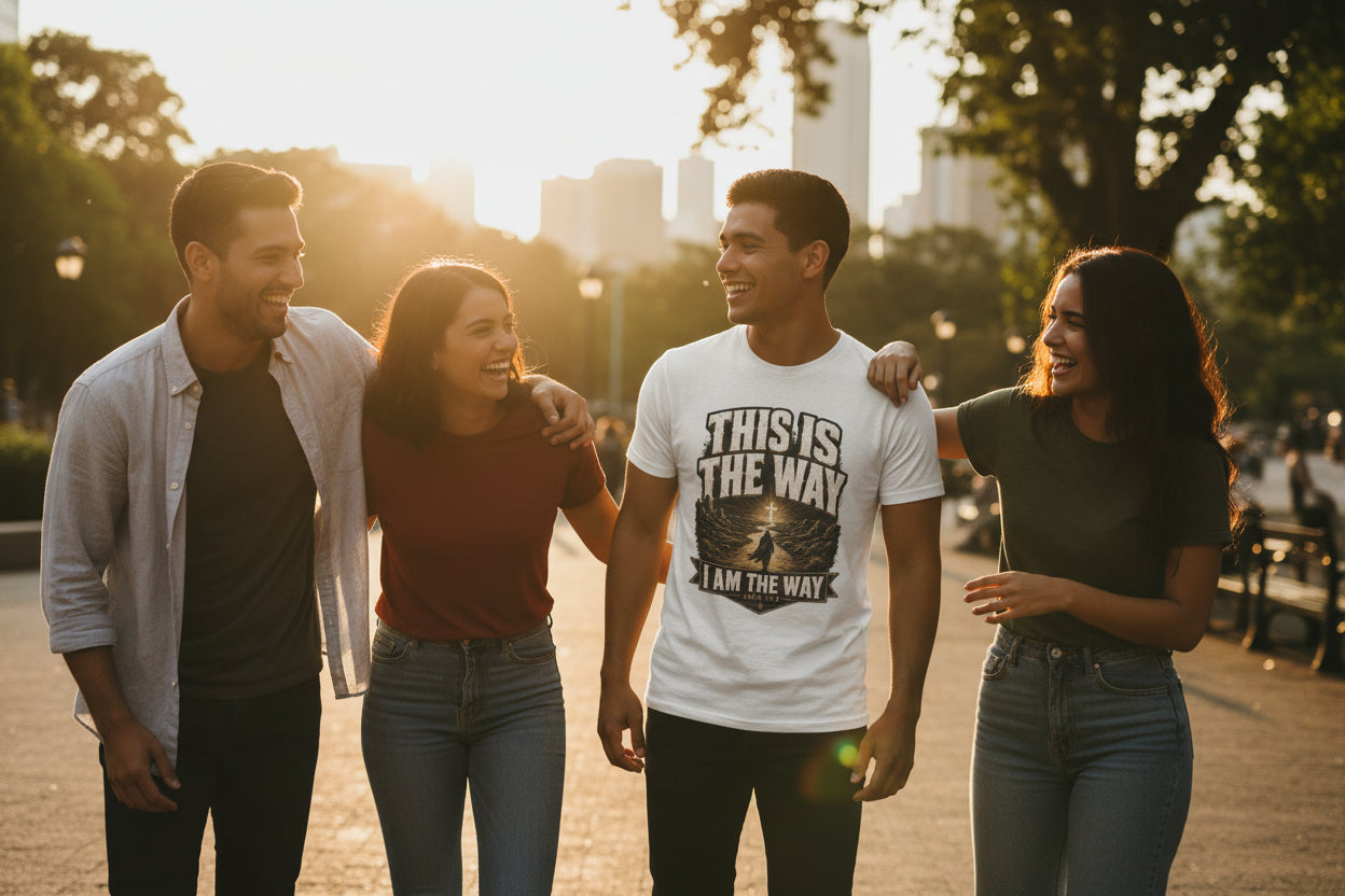 White t-shirt with a graphic design and text on a white background