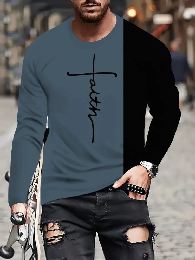 Cross 3D Print Long Sleeve Tee — Men’s Casual Faith Pullover