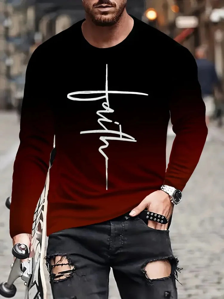 Cross 3D Print Long Sleeve Tee — Men’s Casual Faith Pullover