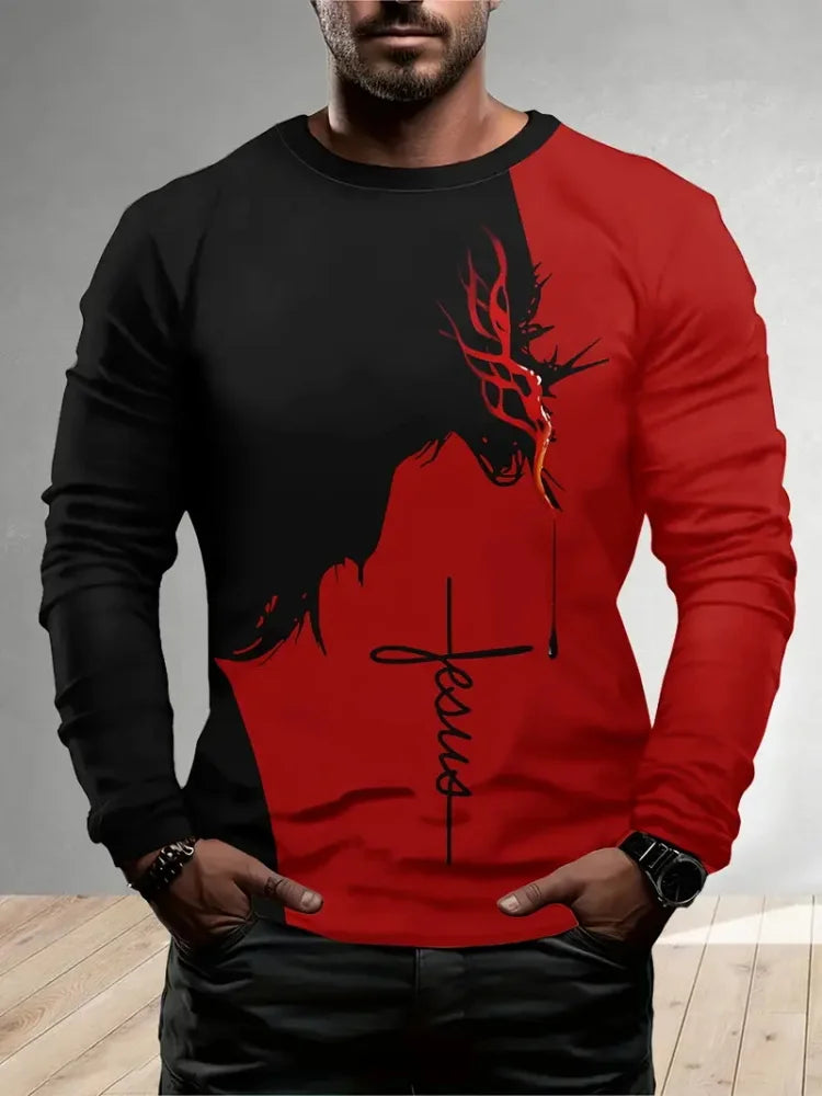 Cross 3D Print Long Sleeve Tee — Men’s Casual Faith Pullover