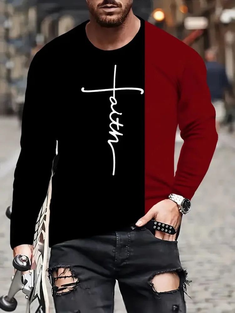Cross 3D Print Long Sleeve Tee — Men’s Casual Faith Pullover